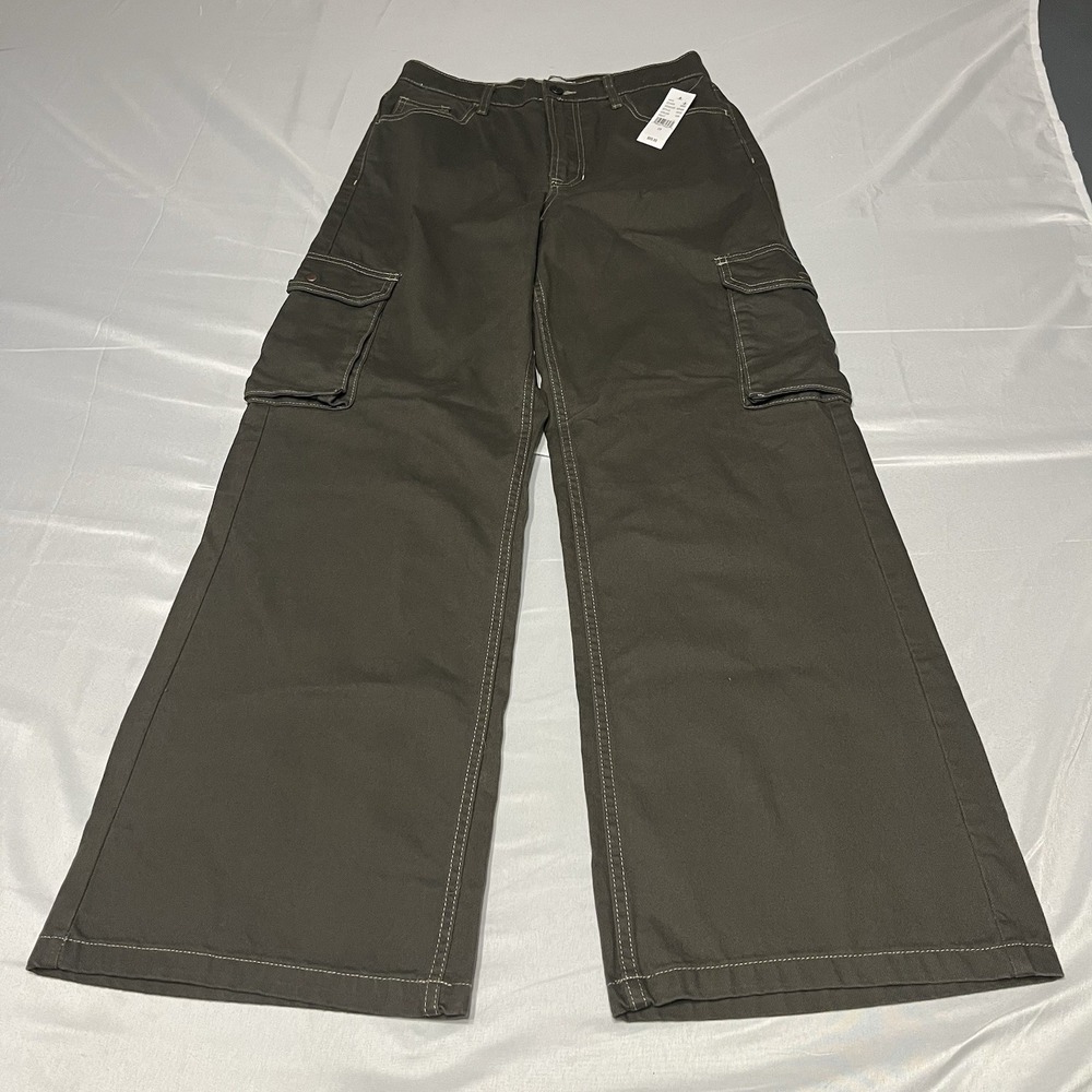 NWT PacSun Wide Leg Cargo Pants Olive Green High Rise Size 28 Streetwear - Picture 1 of 8